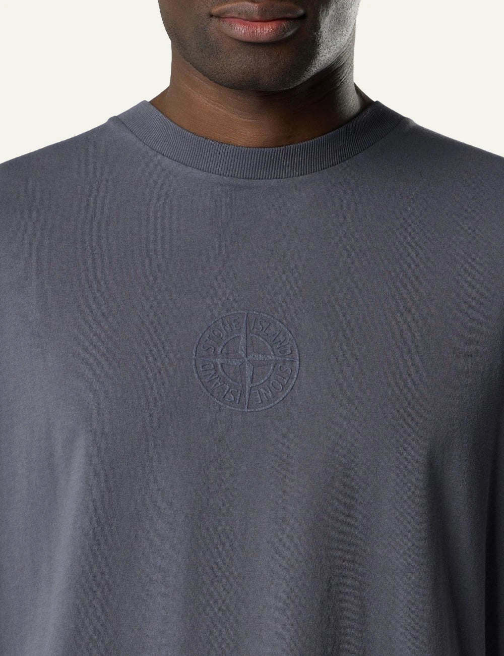Stone Island t-shirt blue grey organic cotton flocked compass logo chest garment dyed front detail view