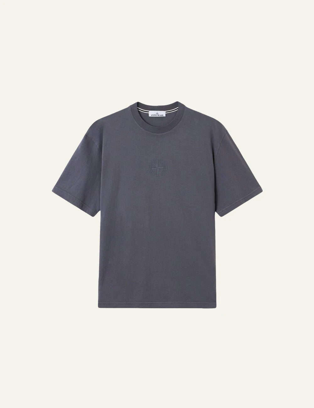 Stone Island t-shirt blue grey organic cotton flocked compass logo chest garment dyed front flat view