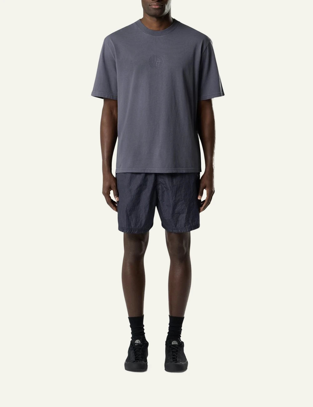Stone Island t-shirt blue grey organic cotton flocked compass logo chest garment dyed front full body view