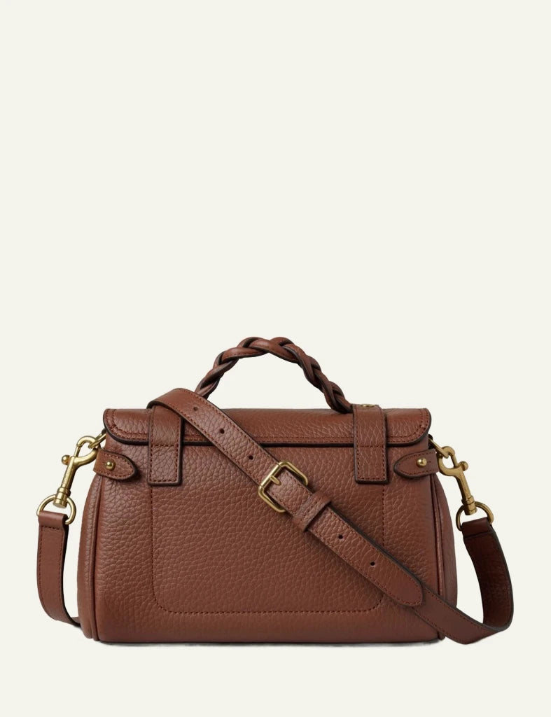 brown leather top handle bag gold hardware back view