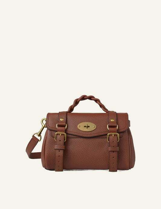 brown leather top handle bag gold hardware front view