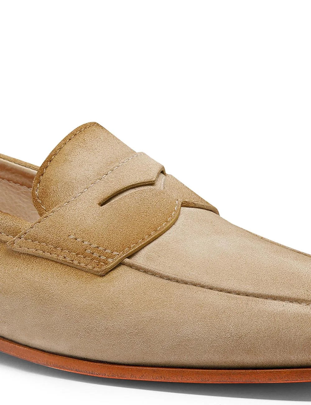 suede loafers beige classic penny loafer side detail view