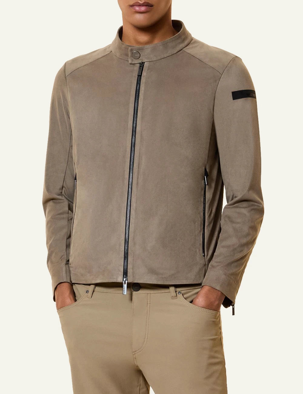 Suede Zip Jacket Taupe Stand Collar Front model
