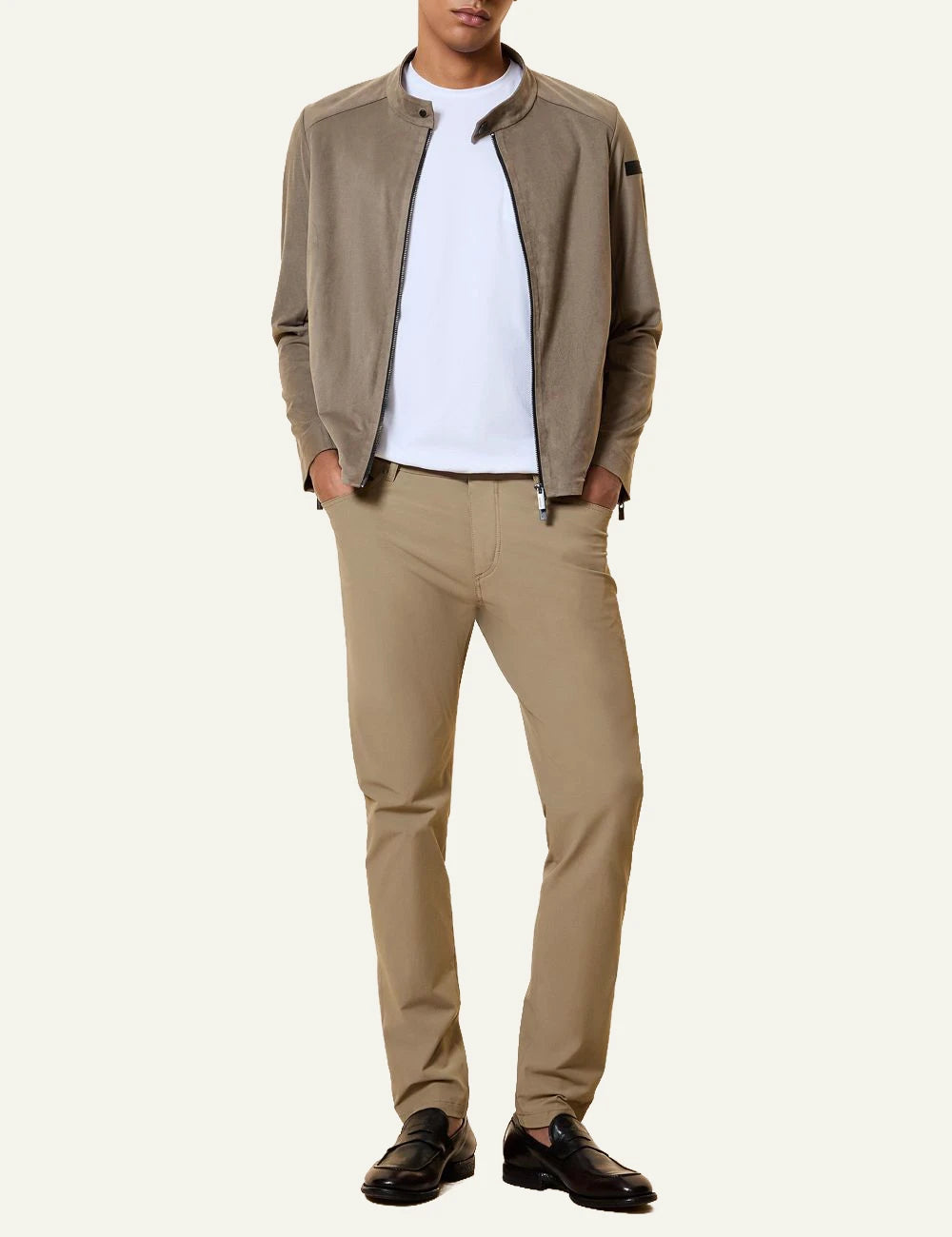 Suede Zip Jacket Taupe Stand Collar Front full body