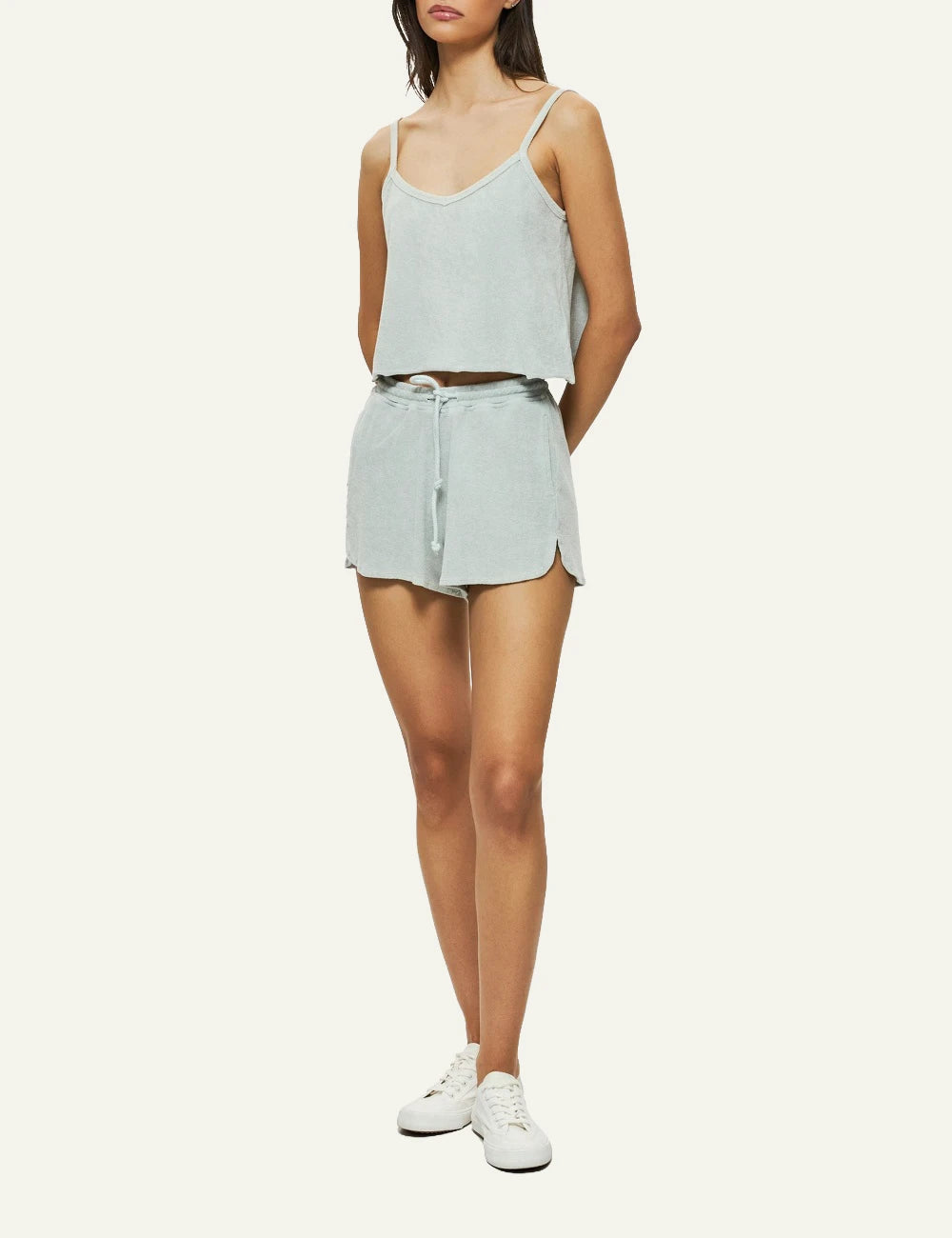 light green terry towel tank top thin straps cropped front side view
