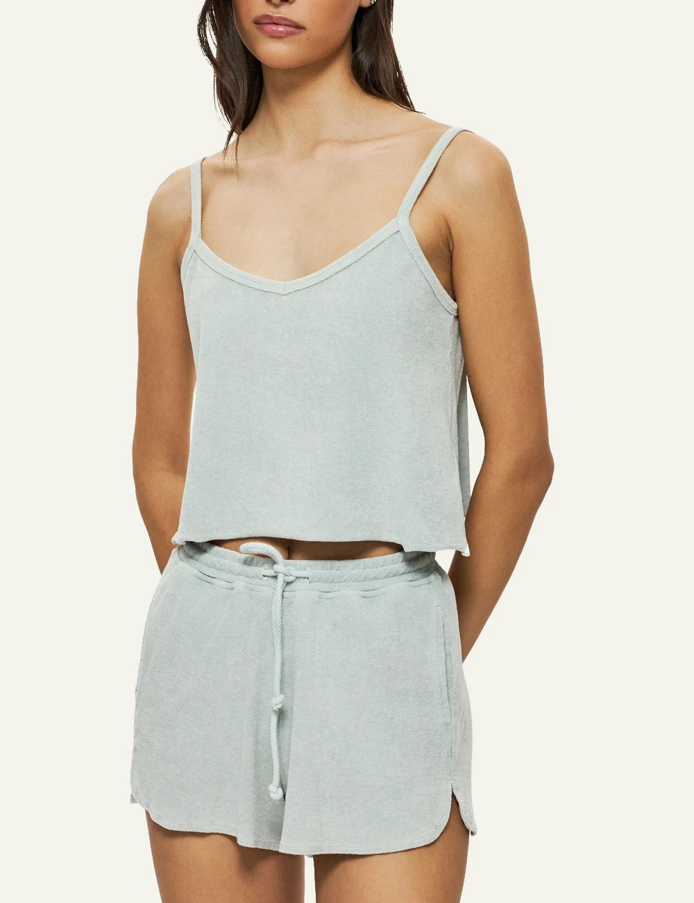 light green terry towel tank top thin straps cropped front side view