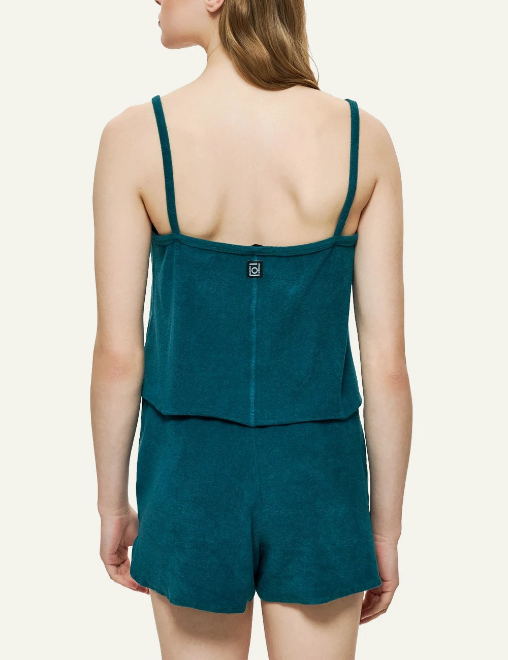 petrol green terry towel tank top thin straps cropped back model view