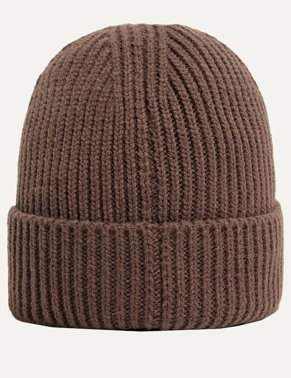 The North Face unisex brown ribbed knit beanie with folded cuff and black logo patch back
