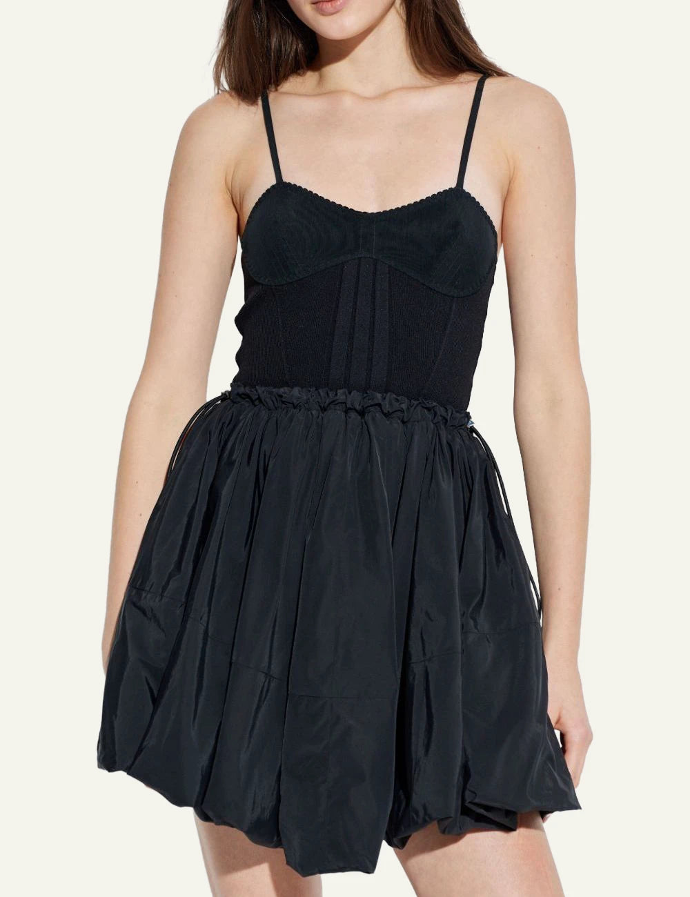 The Attico Black Corset Bodice Mini Dress With Voluminous Skirt Front detail View