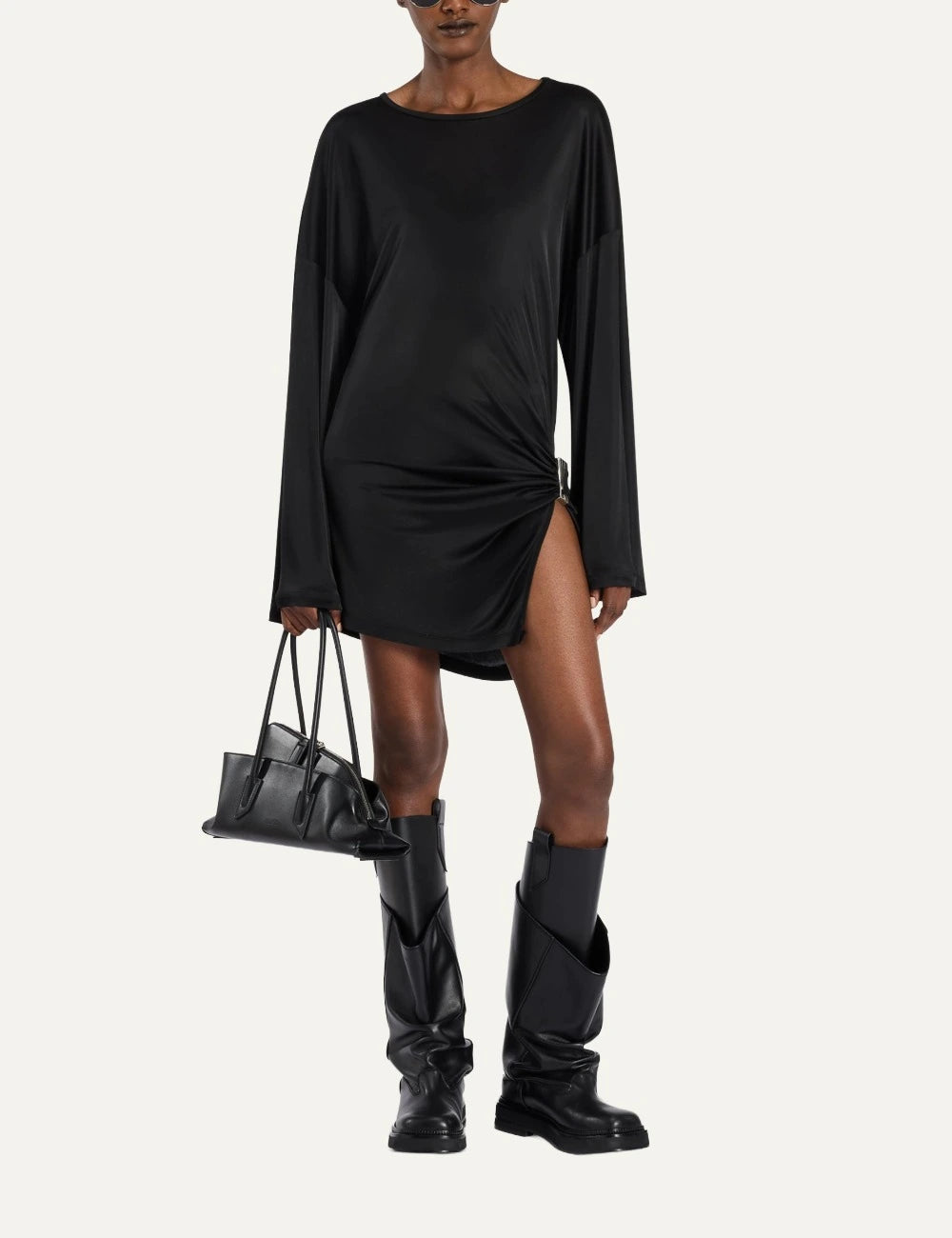The Attico black draped mini dress with Scoop hip cutout full look
