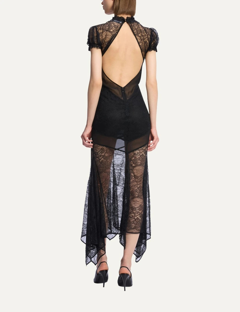 The Attico black lace handkerchief midi dress for women back view