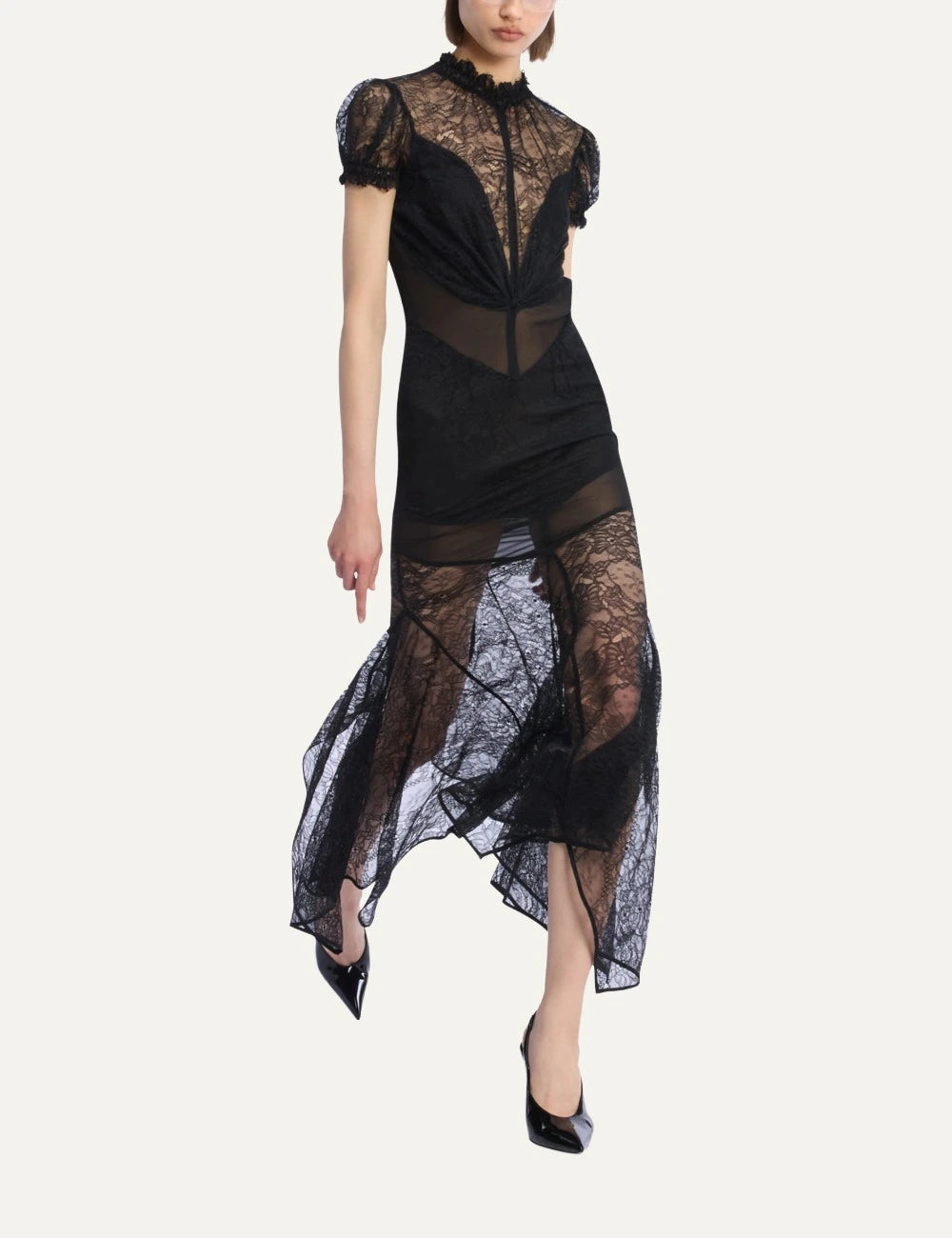 The Attico black lace handkerchief midi dress for women full look