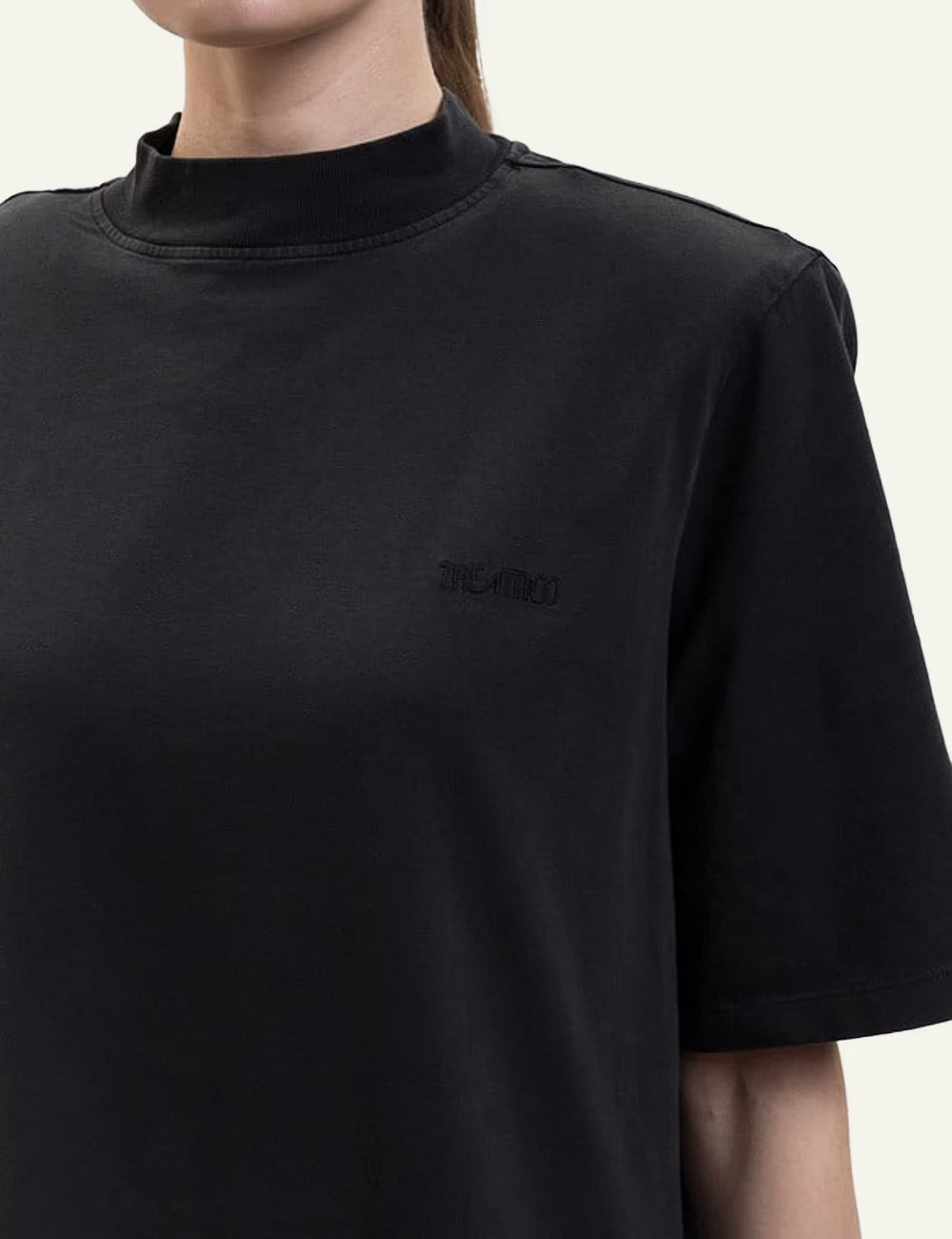 The Attico Black Oversized Cotton T-Shirt With Mock Neck Front detail logo View