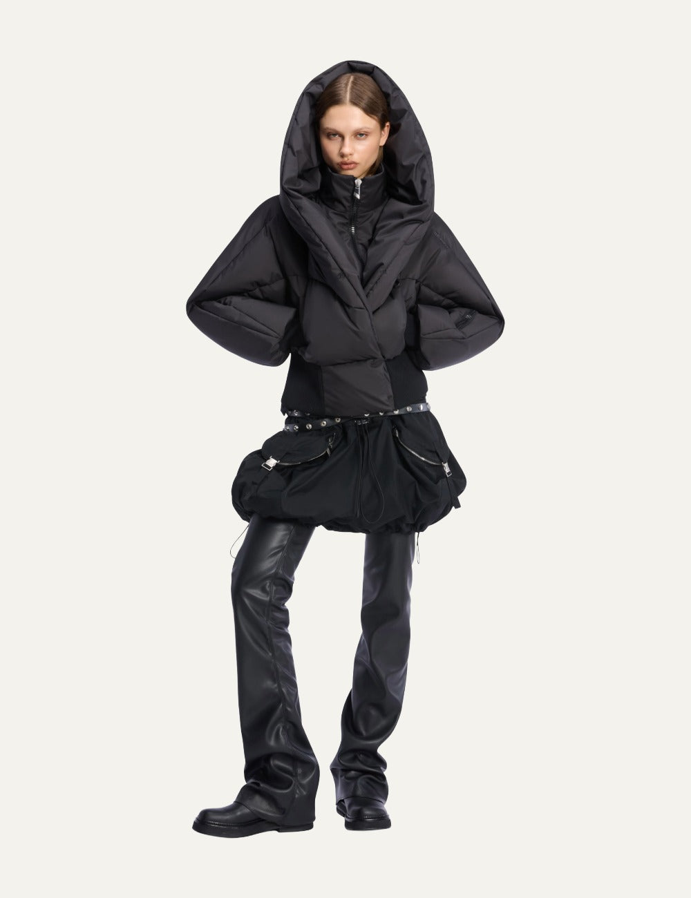The Attico black women's puffer jacket with shawl collar hood full look