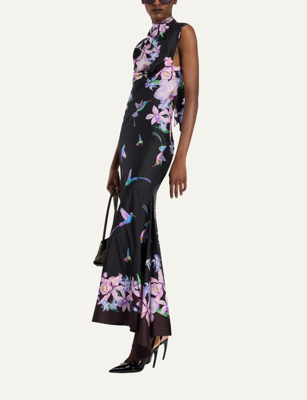 The Attico black silk floral hummingbird midi dress for women front view full look