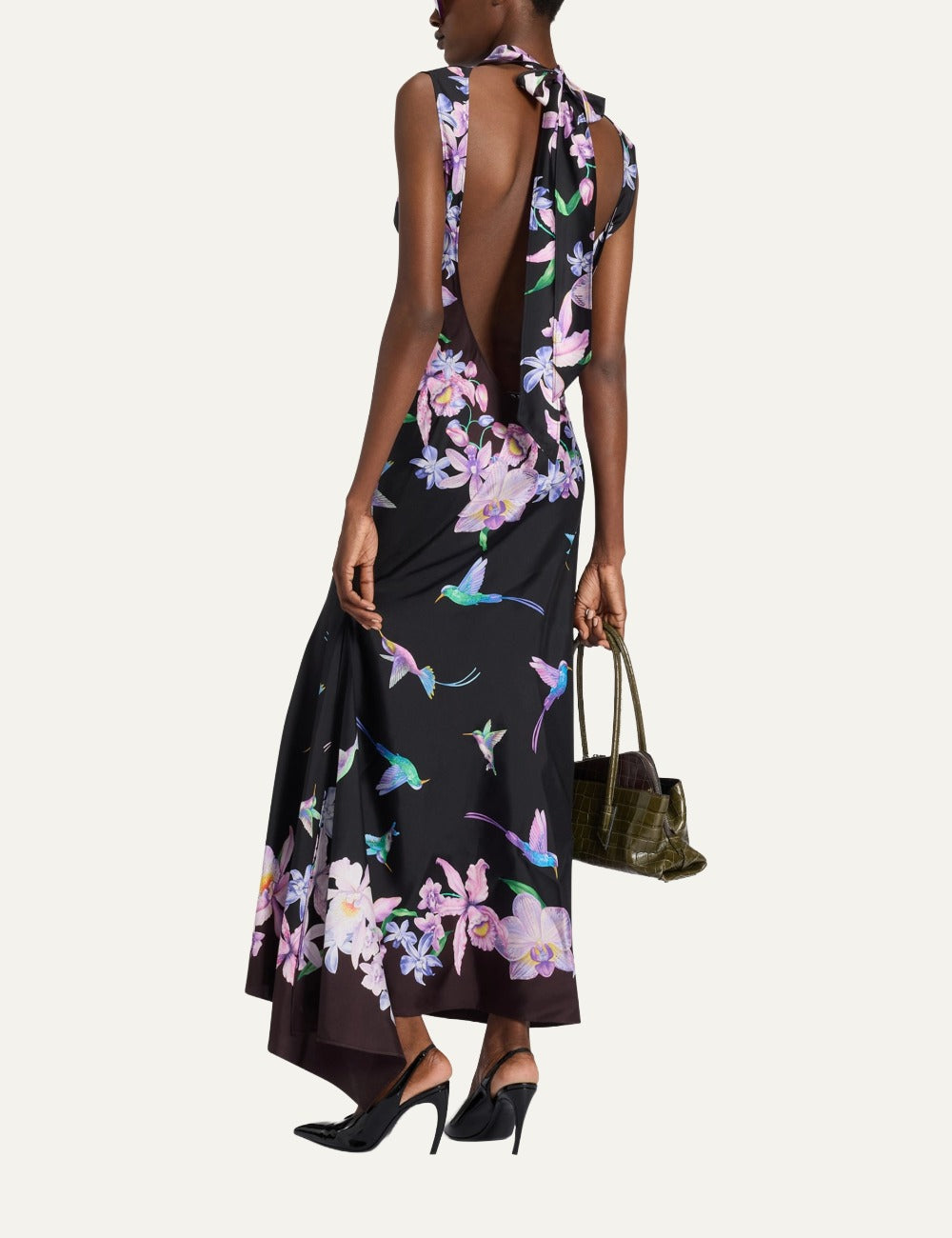 The Attico black silk floral hummingbird midi dress for women back view