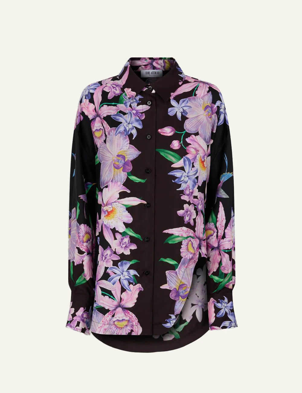The Attico black silk shirt with tropical floral print for women product shot