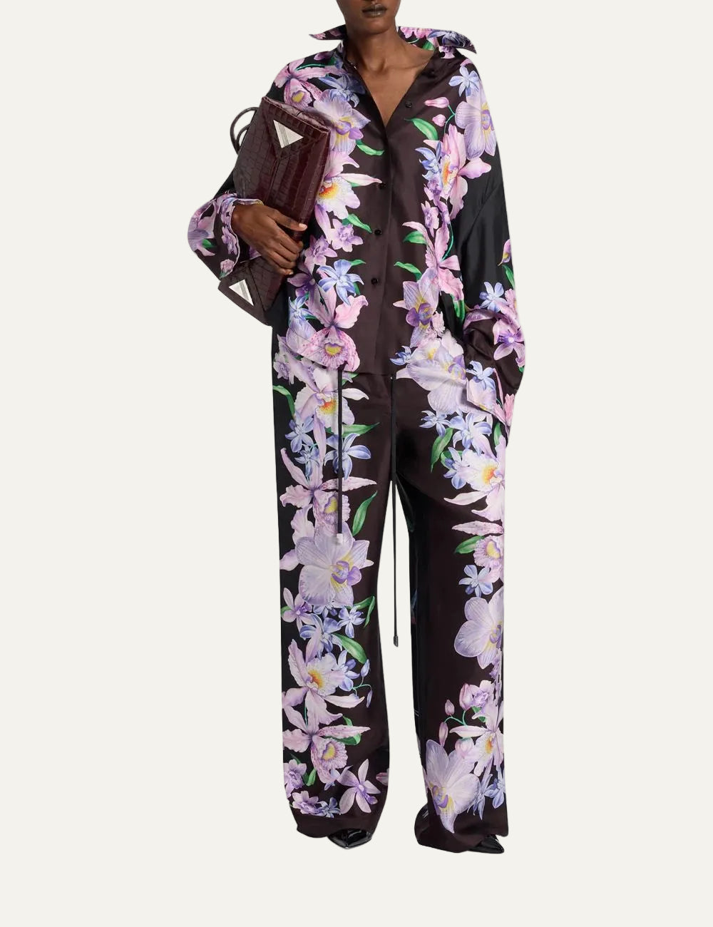 The Attico black silk shirt with tropical floral print for women full look