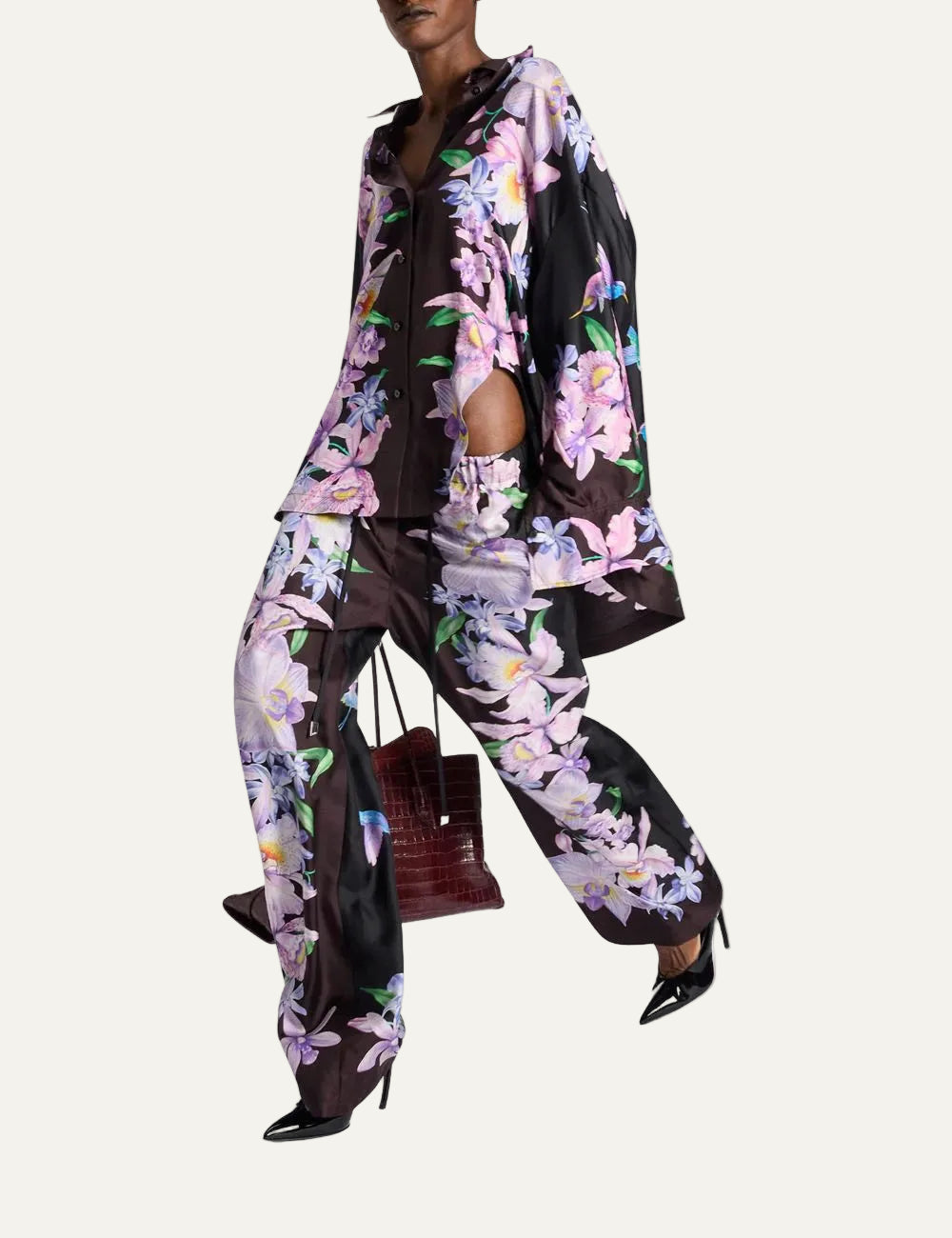 The Attico black silk shirt with tropical floral print for women front view on model