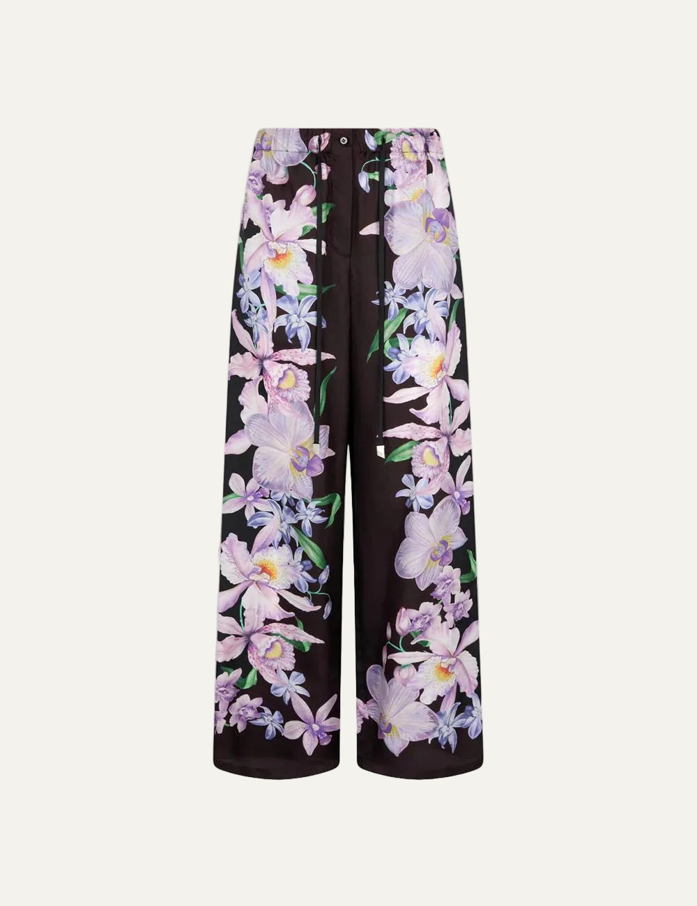 The Attico black silk wide leg pants with tropical floral print for women product view