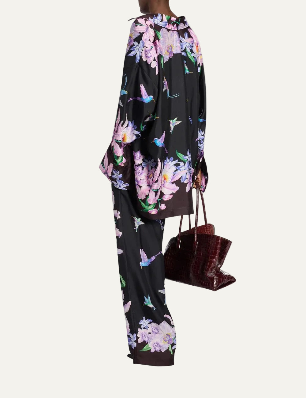 The Attico black silk wide leg pants with tropical floral print for women back view