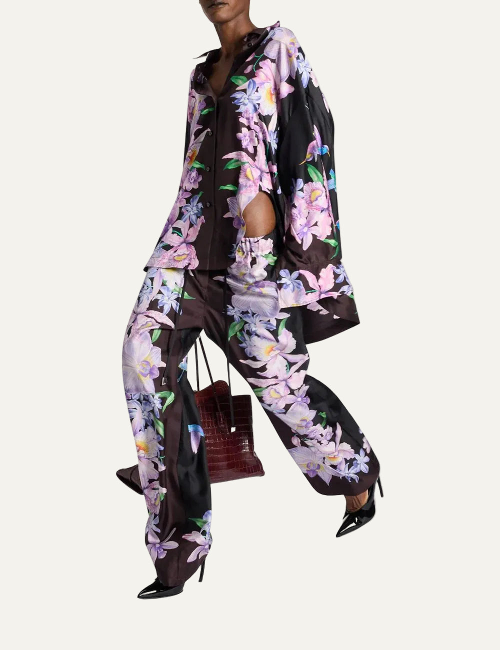 The Attico black silk wide leg pants with tropical floral print for women full look