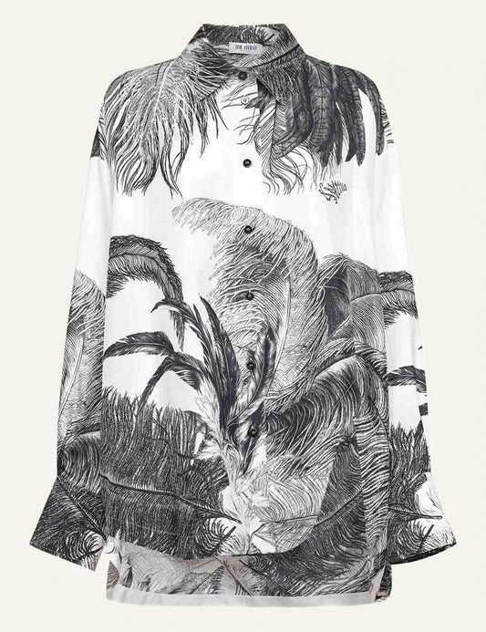 The Attico Black And White Feather Print Oversized Shirt Front Flat View