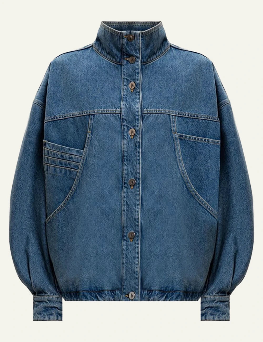 The Attico Blue Denim Jacket With Stand Collar And Oversized Fit Front Flat View