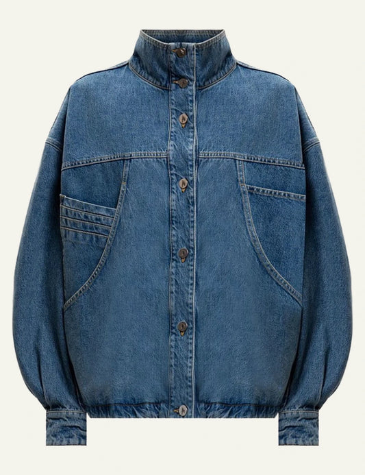 The Attico Blue Denim Jacket With Stand Collar And Oversized Fit Front Flat View