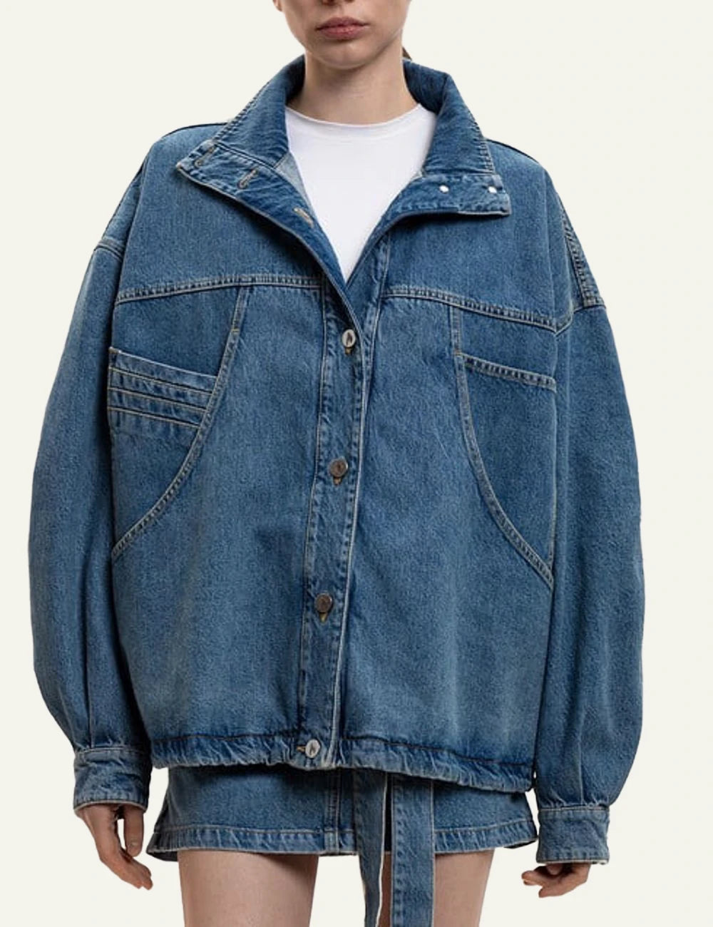 The Attico Blue Denim Jacket With Stand Collar And Oversized Fit Front model View