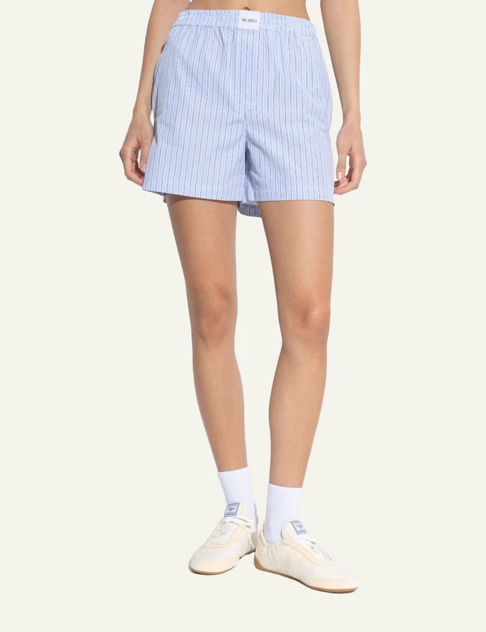 The Attico Blue Striped Cotton Boxer Shorts With Elastic Waist Front model View