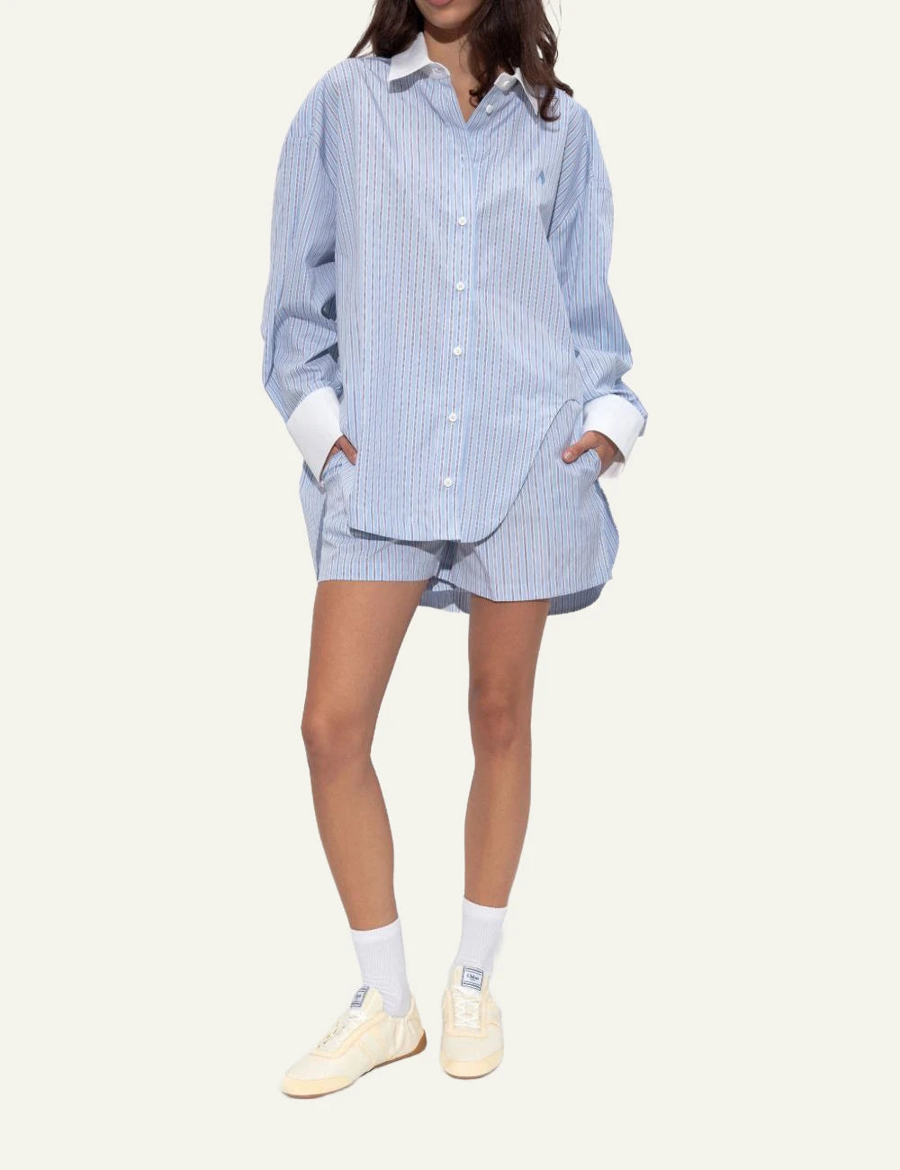 The Attico Blue Striped Cotton Boxer Shorts With Elastic Waist Front full body View