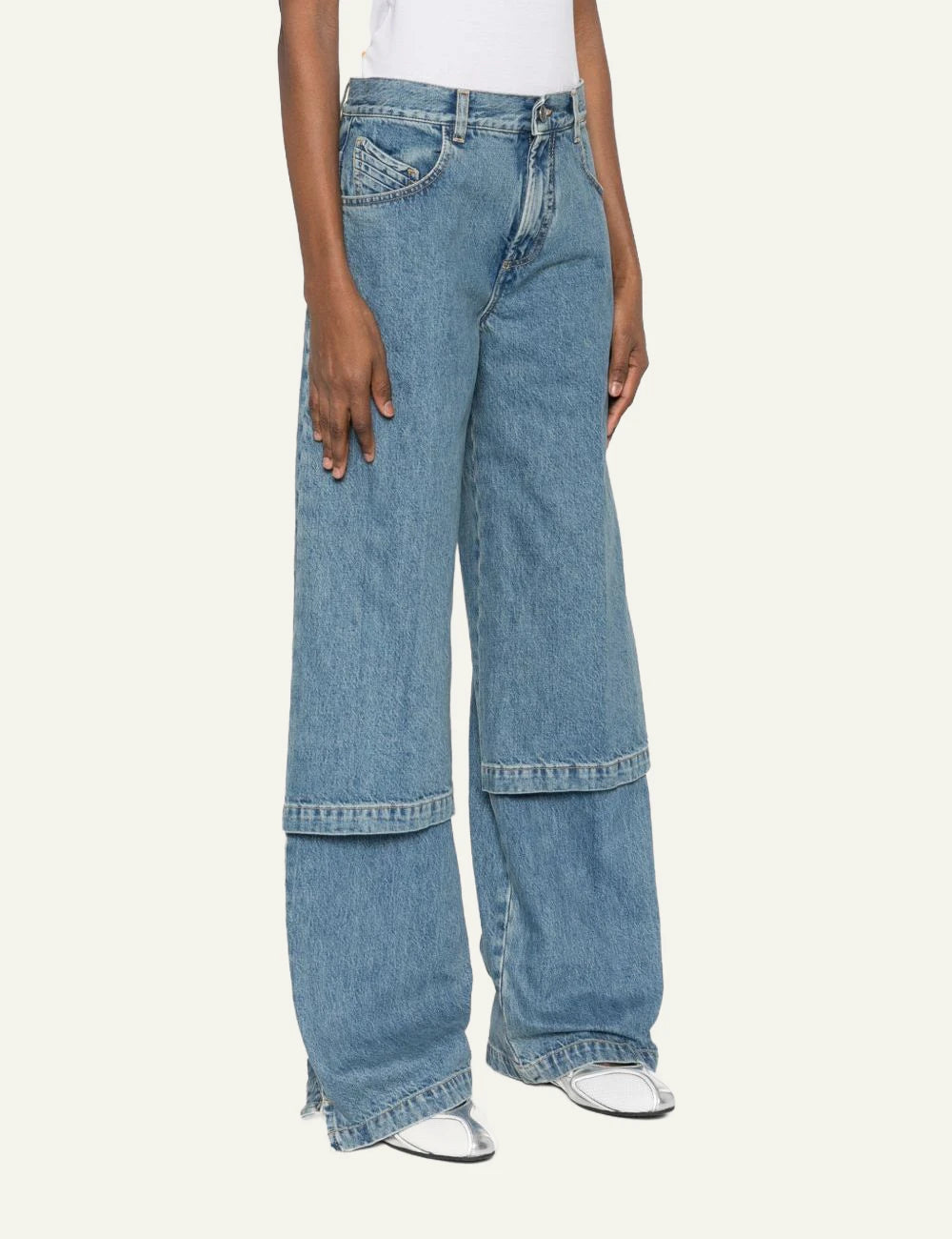 The Attico Blue Wide Leg Denim Jeans With Panel Detail side model Flay View