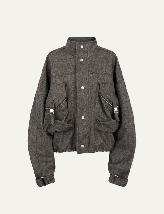 The Attico dark brown wool bomber jacket with utility pockets for women peoduct shot