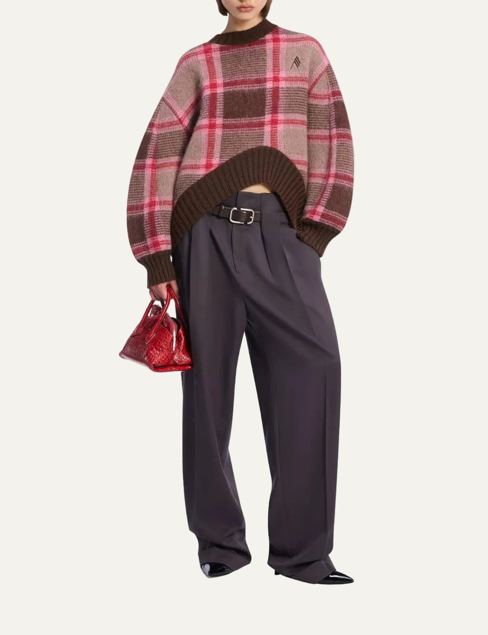 The Attico dark grey wool tailored pants with leather belt for women full look
