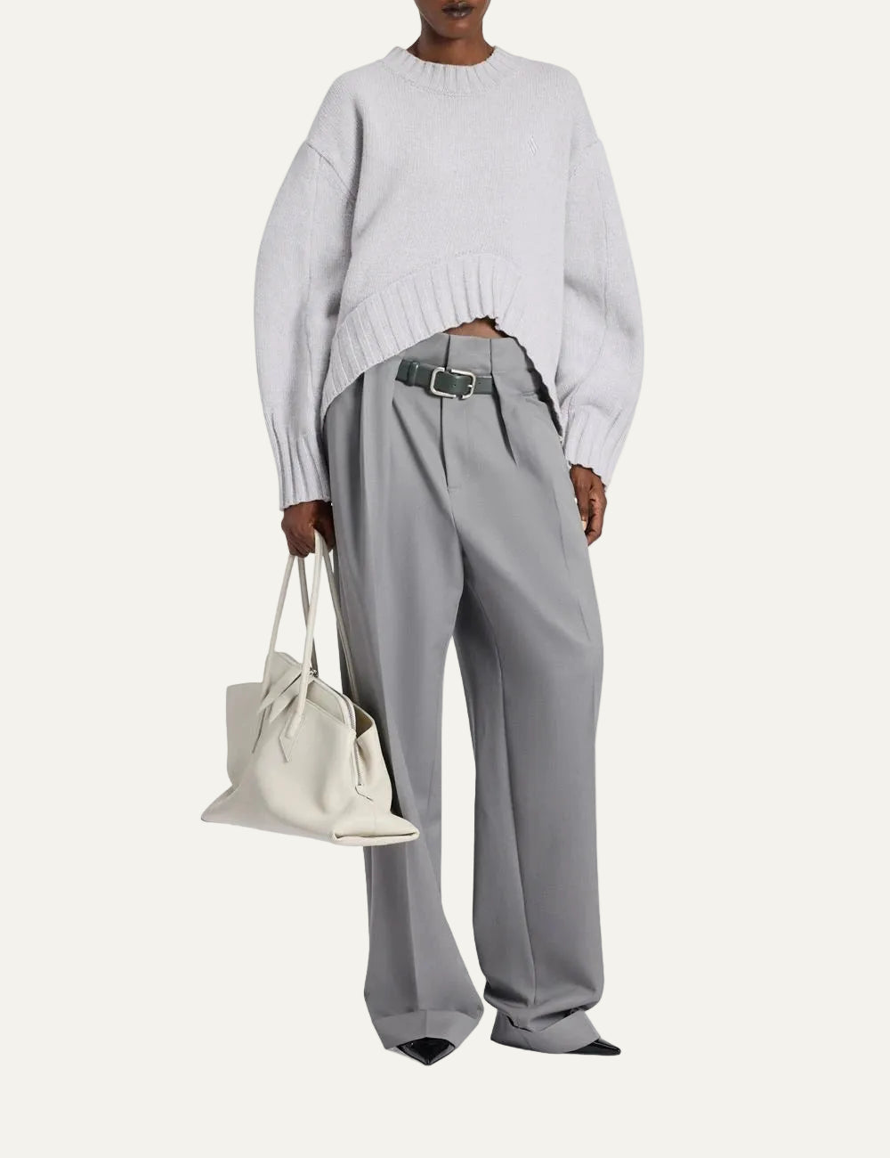 The Attico grey wool tailored pants with leather belt for women front view full look
