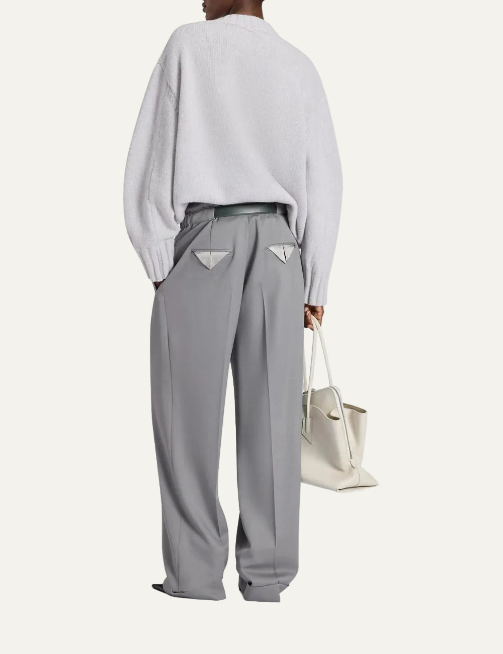 The Attico grey wool tailored pants with leather belt for women back view