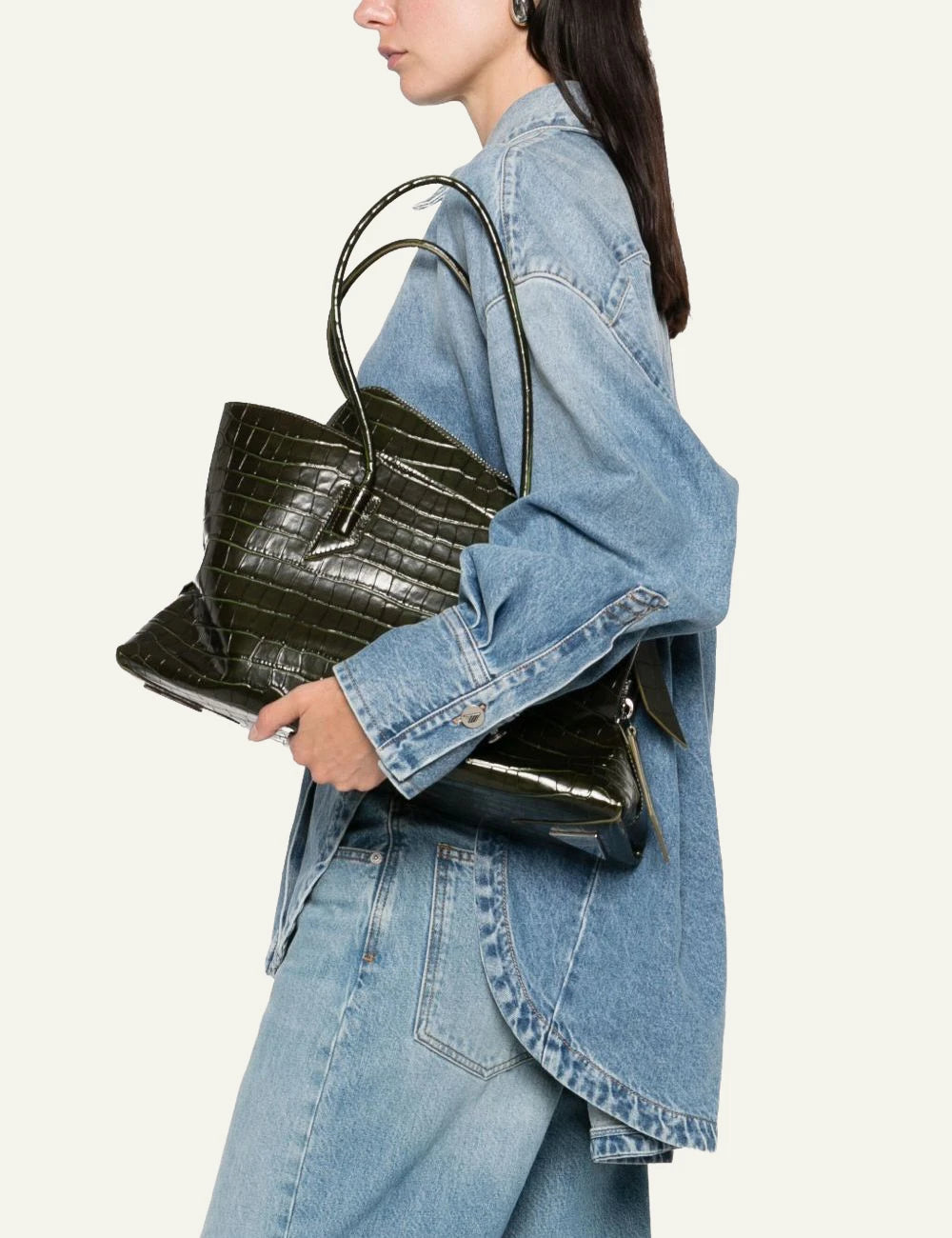 The Attico La Passeggiata M bag dark green croc effect front view model