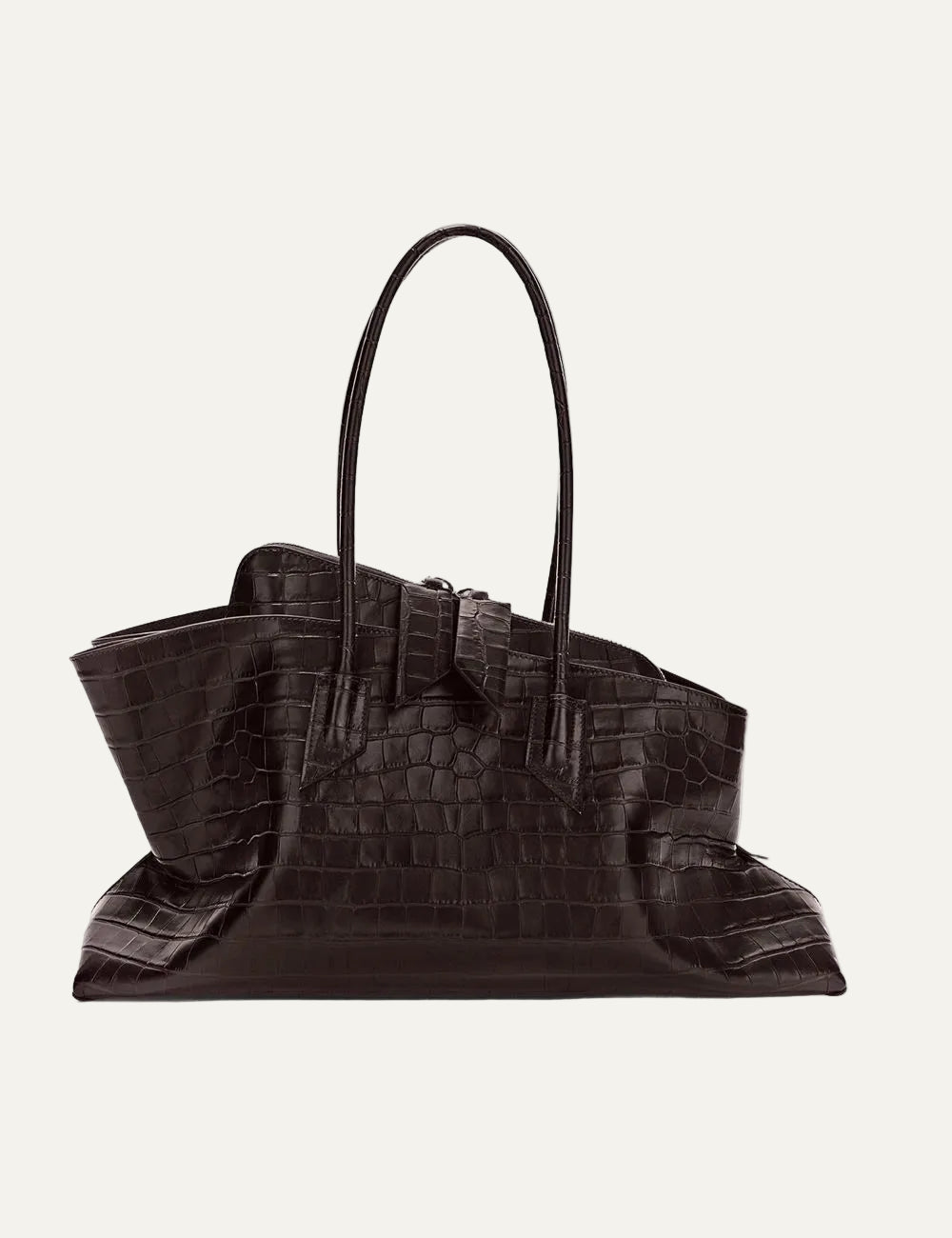 The Attico La Passeggiata Medium coffee brown crocodile print leather top handle bag for women front view