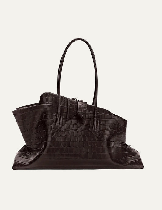 The Attico La Passeggiata Medium coffee brown crocodile print leather top handle bag for women front view