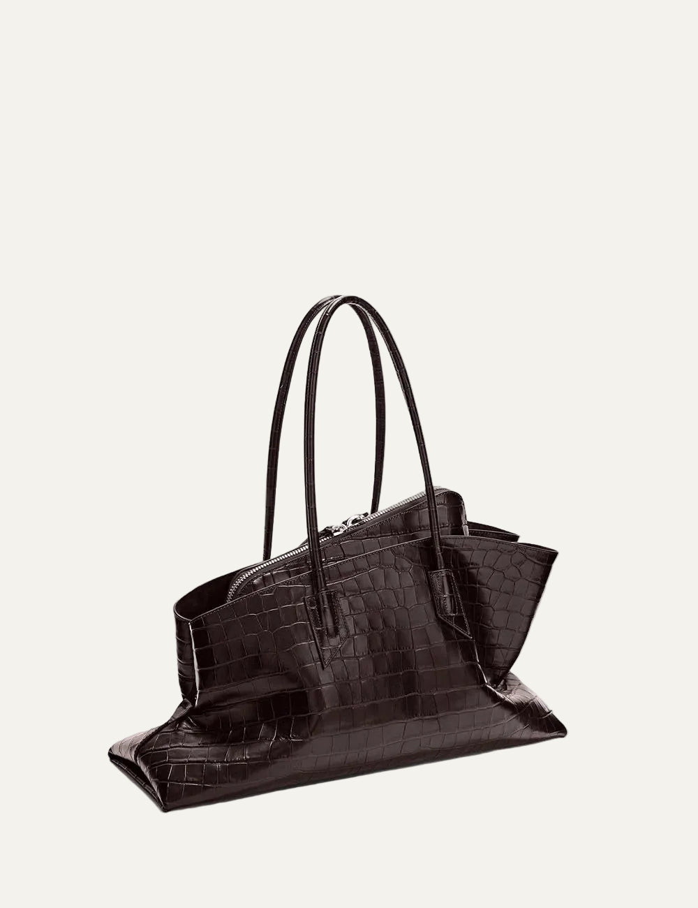 The Attico La Passeggiata Medium coffee brown crocodile print leather top handle bag for women side view