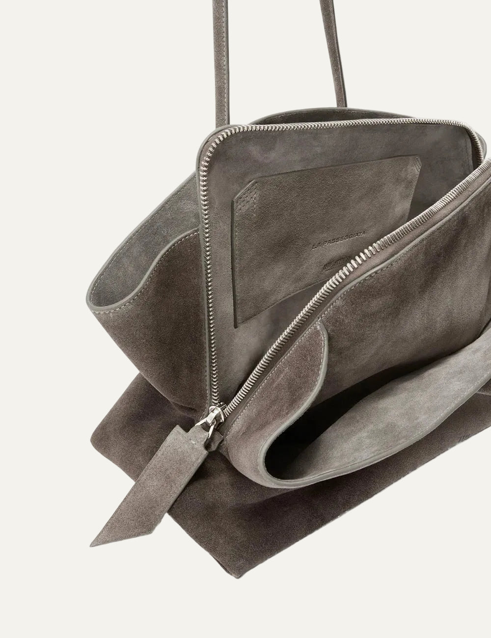 The Attico La Passeggiata Medium dark grey brushed suede top handle bag for women interior view