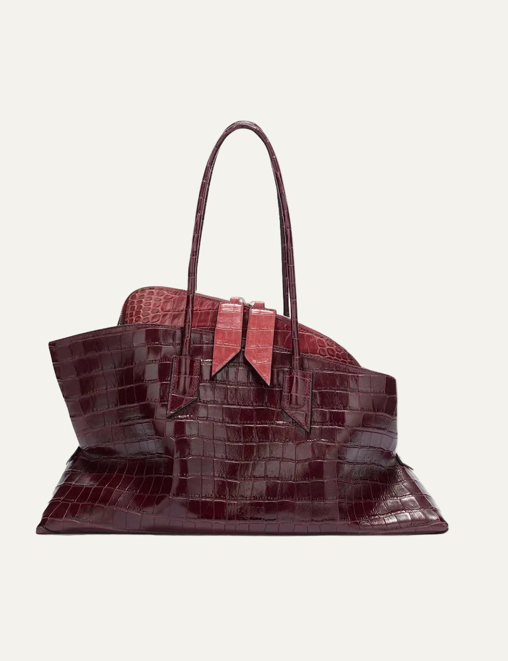 The Attico La Passeggiata Medium faded bordeaux crocodile print leather top handle bag for women front view