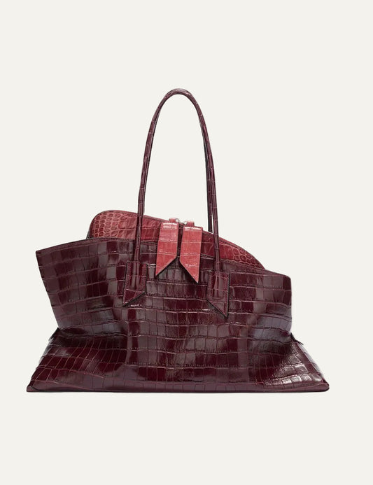 The Attico La Passeggiata Medium faded bordeaux crocodile print leather top handle bag for women front view