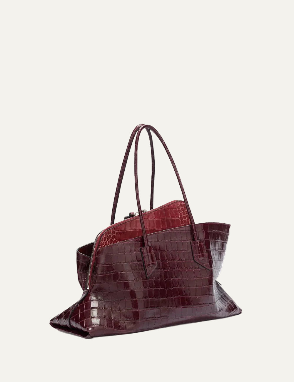 The Attico La Passeggiata Medium faded bordeaux crocodile print leather top handle bag for women side view