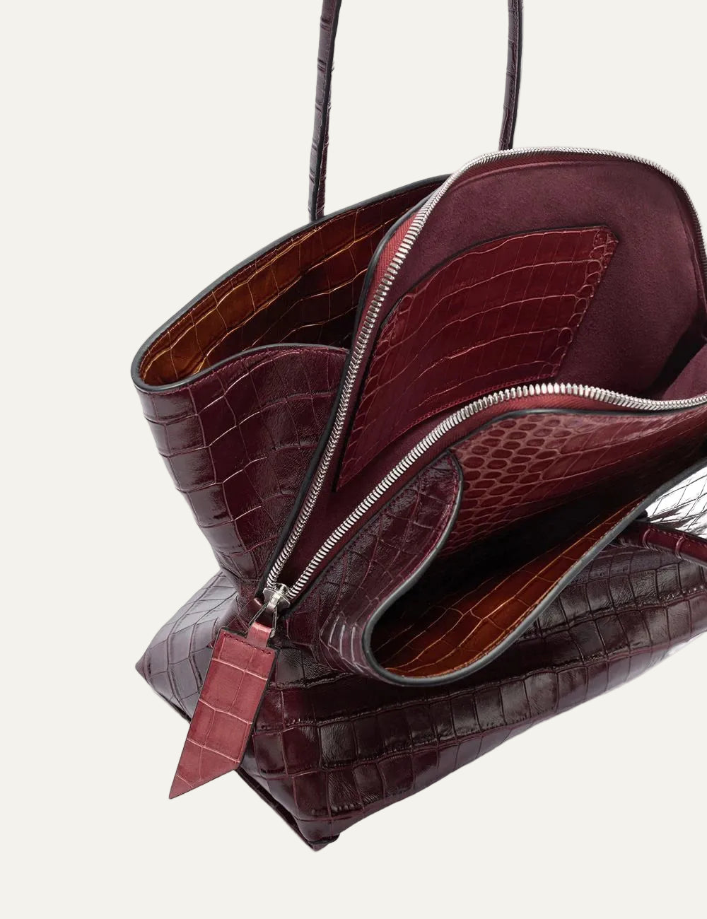 The Attico La Passeggiata Medium faded bordeaux crocodile print leather top handle bag for women interior view