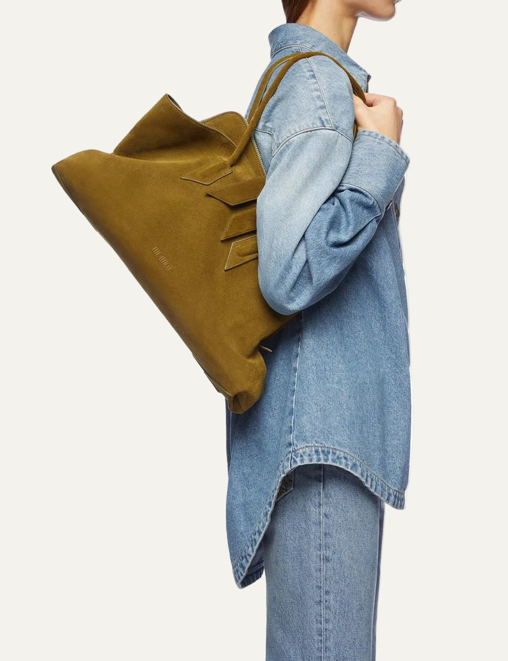 The Attico La Passeggiata Medium khaki suede top handle bag for women on model