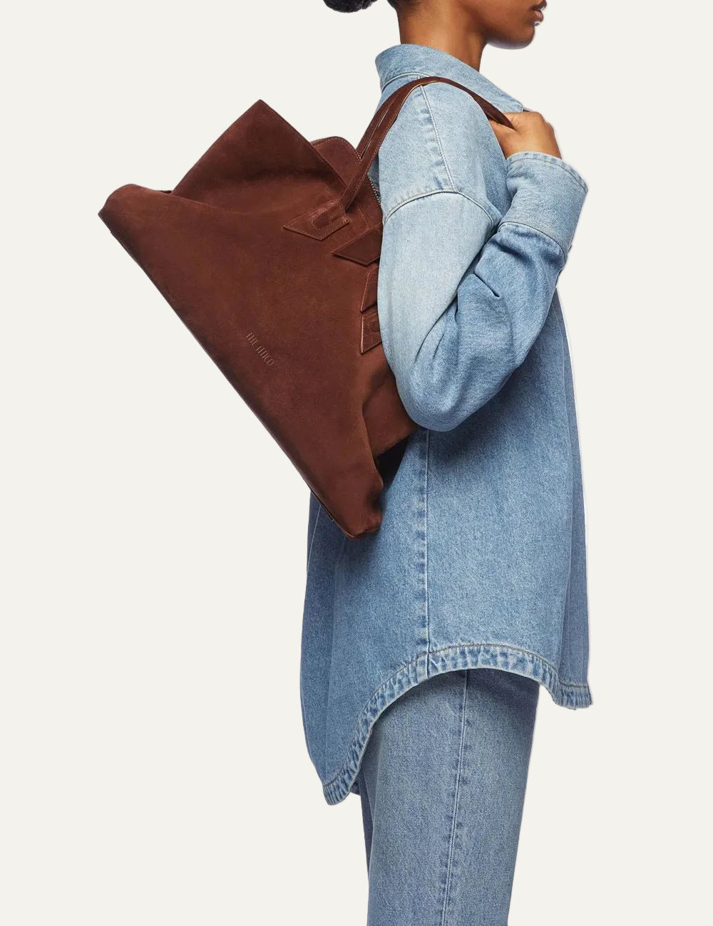The Attico La Passeggiata Medium light chocolate suede top handle bag for women on model