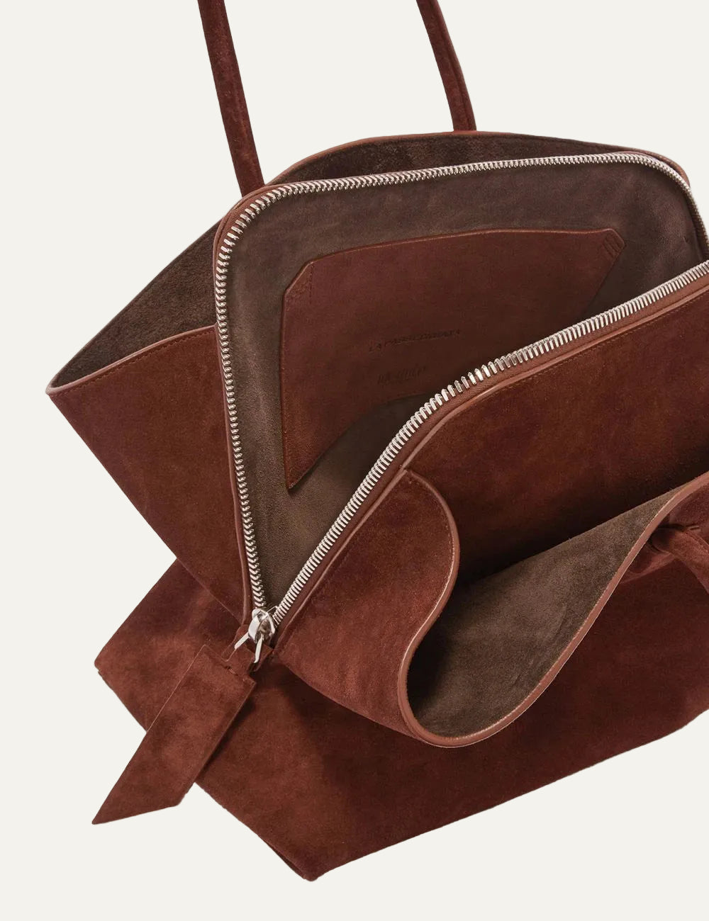 The Attico La Passeggiata Medium light chocolate suede top handle bag for women interior view