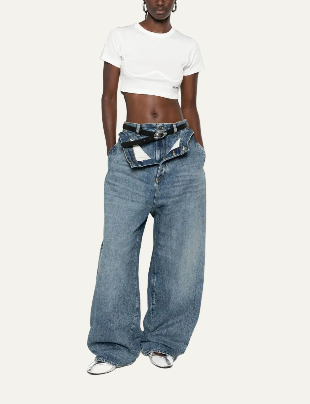 The Attico light blue barrel jeans for women front view full look